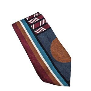 Halston III Men Retro Geometric Pattern Silk Tie Multicolor Burgundy Navy Orange